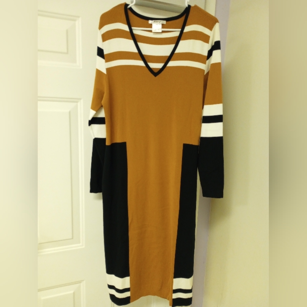 Striped V-Neck Sweater Dress in Black, White, and Tan
